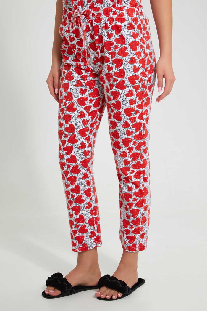Redtag-White/Red-Heart-Printed-Pyjama-Set-Pyjama-Sets-Women's-
