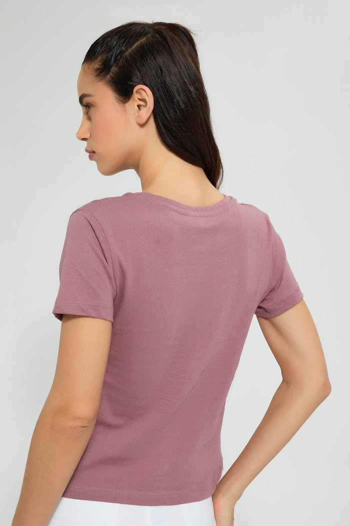 Redtag-Mauve--Plain-Short--Sleeve-V-Neck-T-Shirt-Active-Tees-Women's-