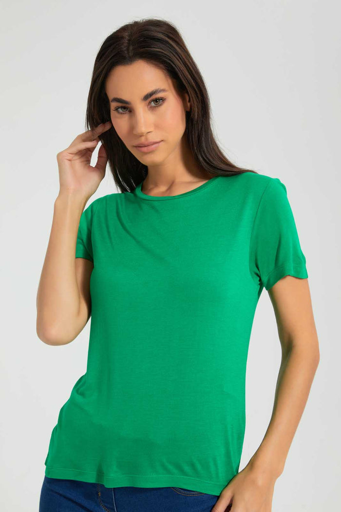 Redtag-Green-Plain-Short--Sleeve-Crew-Neck--T-Shirt-Plain-Women's-