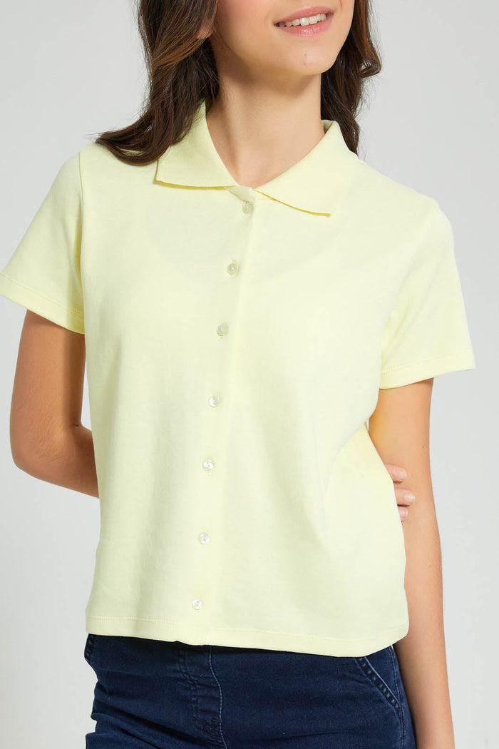 Redtag-Yellow-Collared-Front-Placket-Top-Plain-Senior-Girls-9 to 14 Years