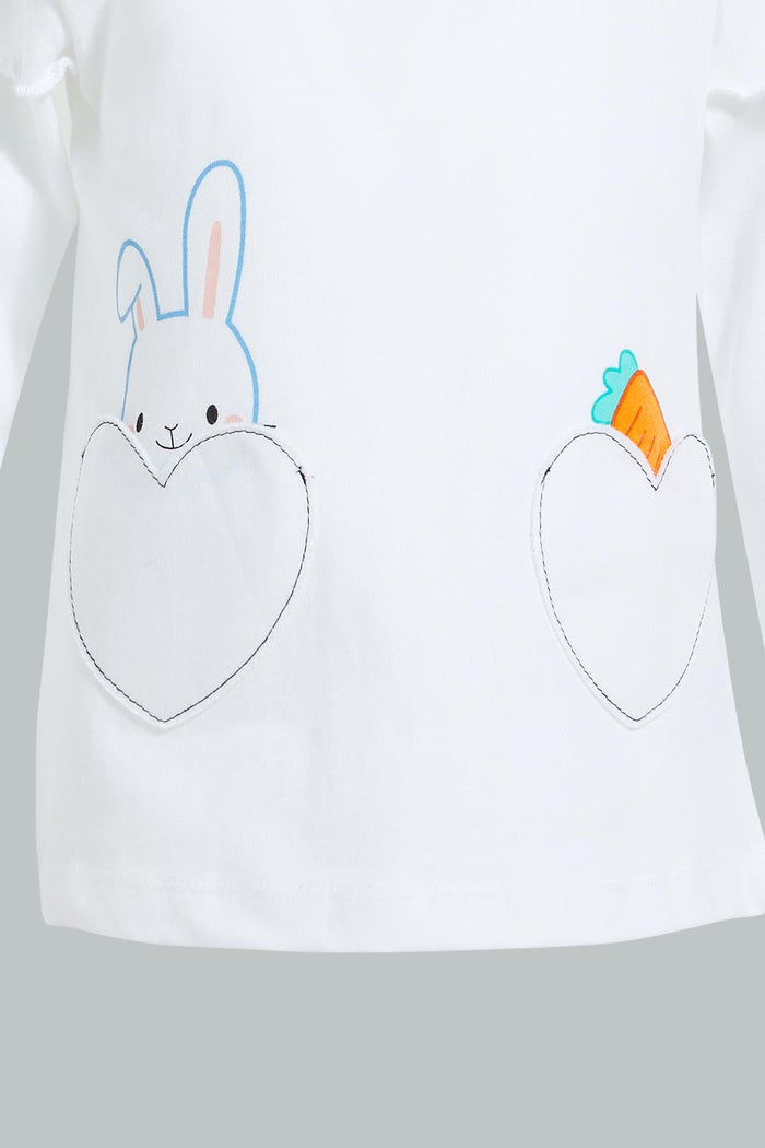 Redtag-White-Bunny-Embellished-Fashion-Tee-Graphic-Prints-Infant-Girls-3 to 24 Months