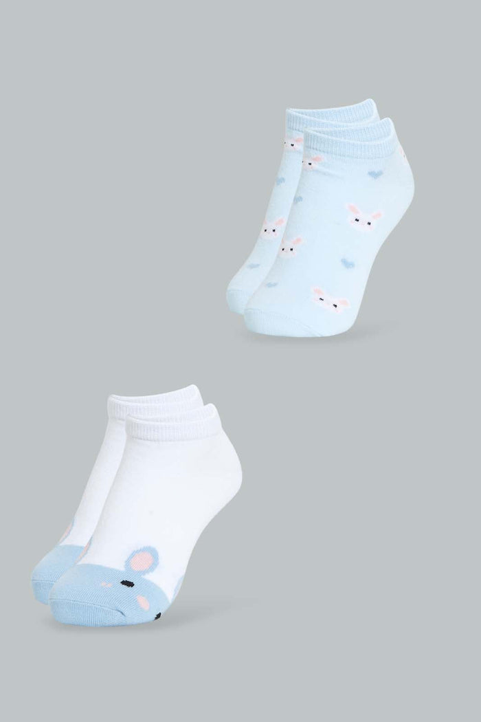 Redtag-White/Blue-Ankle-Socks-2Pcs-Pack-Ankle-Length-Senior-Girls-9 to 14 Years