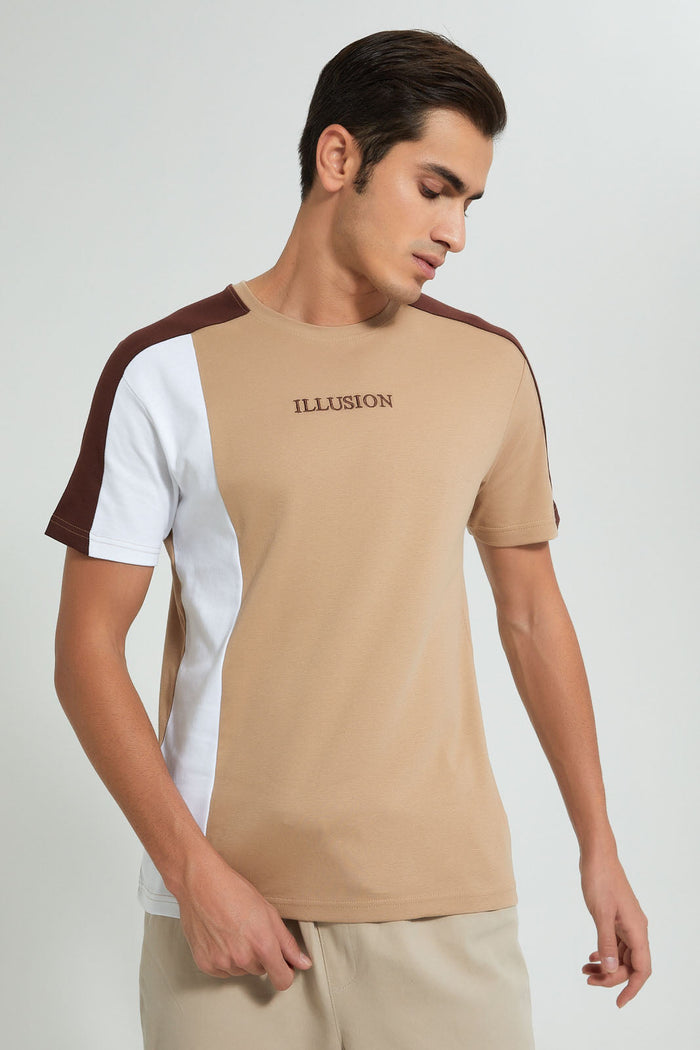 Redtag-White-Cut-Sew-Panel-T-Shirt-Embellished-Men's-