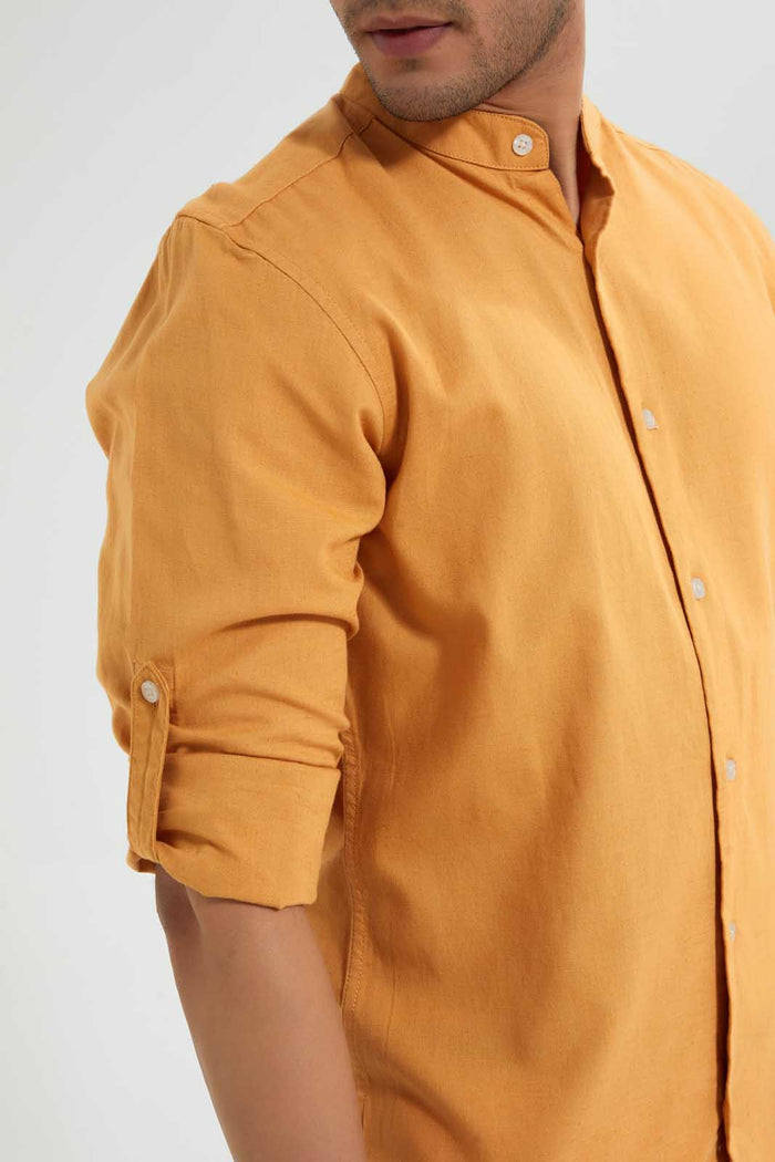 Redtag-Mustard-Mandrain-Collar-Linen-Shirt-Casual-Shirts-Men's-