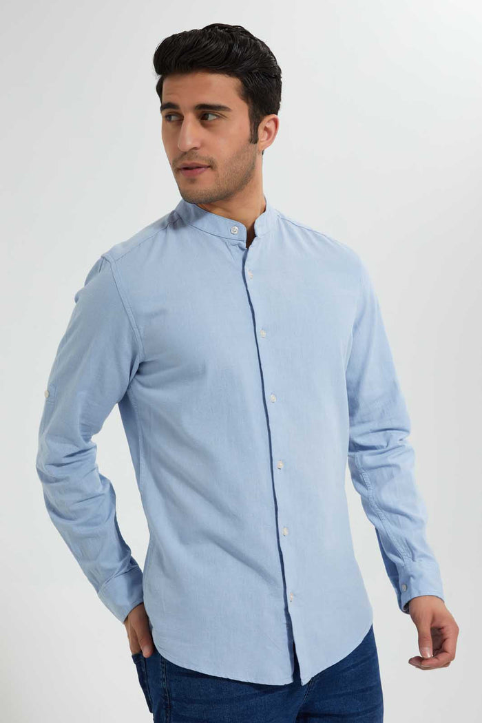 Redtag-Blue-Mandrain-Collar-Linen-Shirt-Casual-Shirts-Men's-