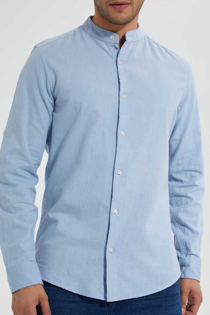 Redtag-Blue-Mandrain-Collar-Linen-Shirt-Casual-Shirts-Men's-