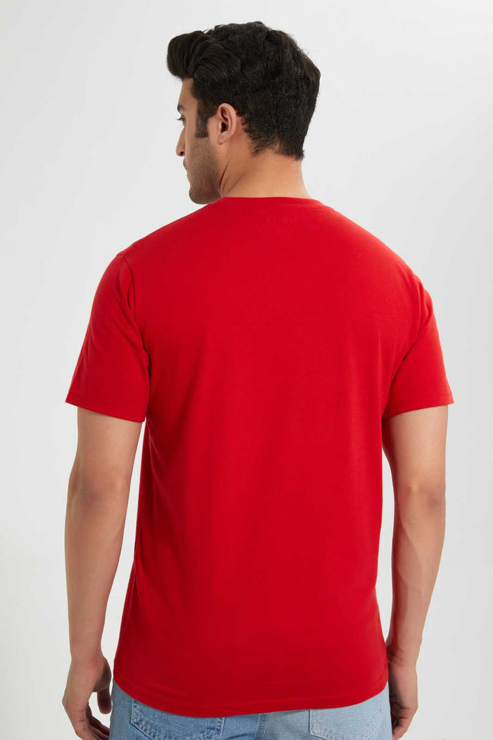 Redtag-Red-Crew-Neck-T-Shirt-With-Studs-Embellished-Men's-