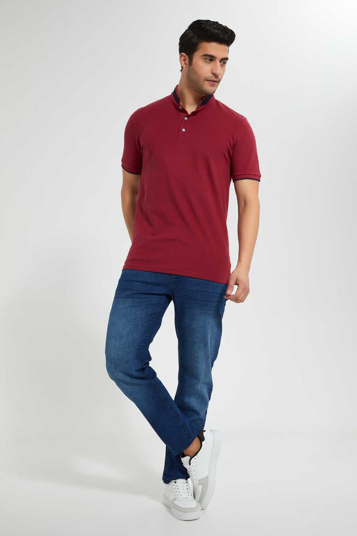 Redtag-Burgandy-Printed-Standup-Collar-Polo-Shirt-Polo-Shirts-Men's-