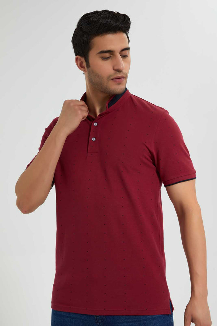 Redtag-Burgandy-Printed-Standup-Collar-Polo-Shirt-Polo-Shirts-Men's-