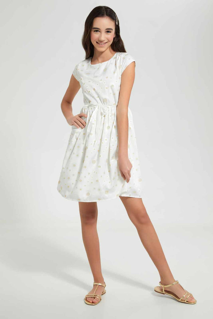 Redtag-White/Gold-Dobby-Dress-Dresses-Senior-Girls-9 to 14 Years