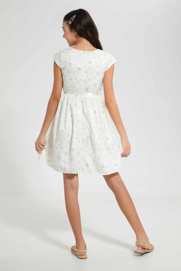 Redtag-White/Gold-Dobby-Dress-Dresses-Senior-Girls-9 to 14 Years