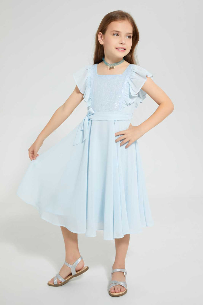 Redtag-Blue-Sequence-Yoke-Dress-Dresses-Girls-2 to 8 Years