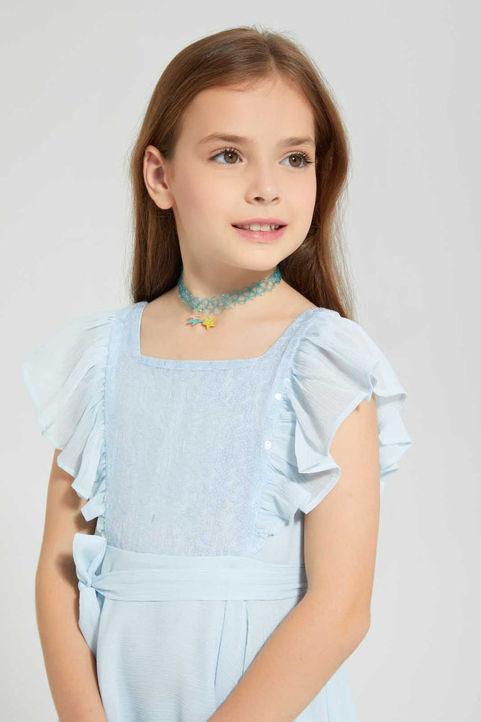Redtag-Blue-Sequence-Yoke-Dress-Dresses-Girls-2 to 8 Years