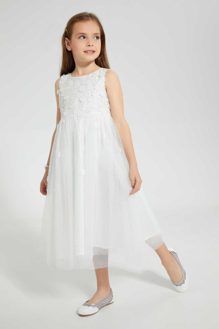 Redtag-White-Floral-Embellished-Dress-Dresses-Girls-2 to 8 Years