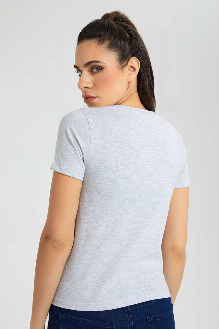 Redtag-Grey-Marl-V-Neck-T-Shirt-Plain-Women's-