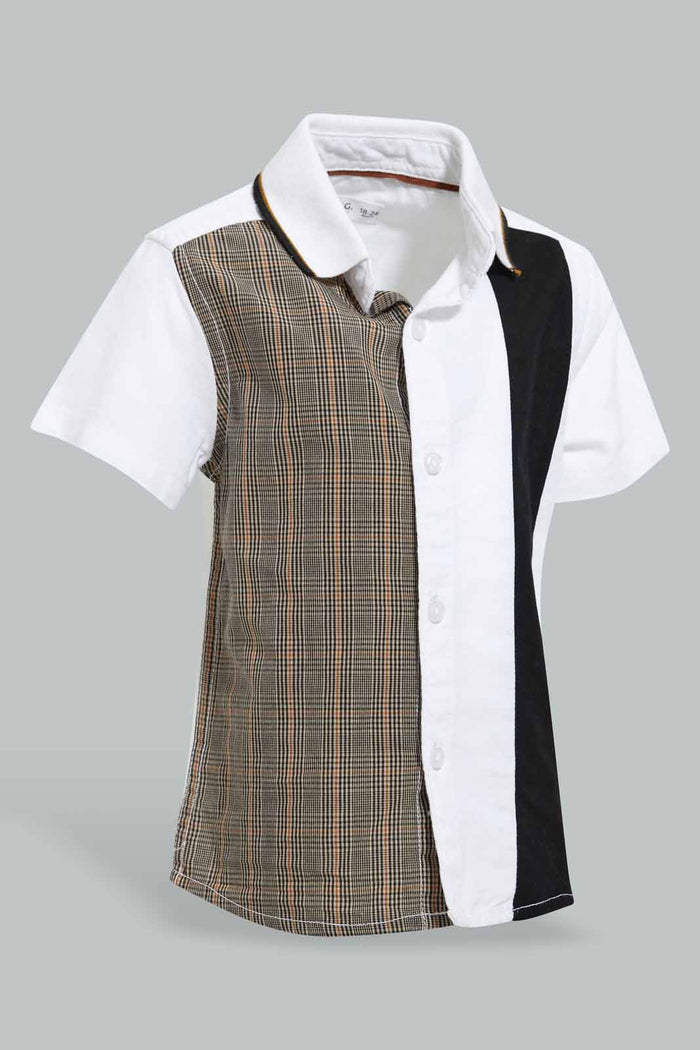 Redtag-Brown-And-White-Cut-And-Sew-Shirt-And-Short-Set-Sets-Infant-Boys-3 to 24 Months