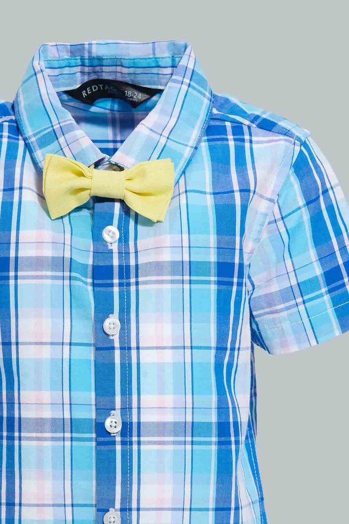 Redtag-Blue-Check-Bow-Shirt-With-White-Short-Set-Sets-Infant-Boys-3 to 24 Months