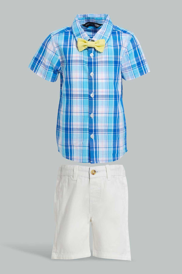 Redtag-Blue-Check-Bow-Shirt-With-White-Short-Set-Sets-Infant-Boys-3 to 24 Months