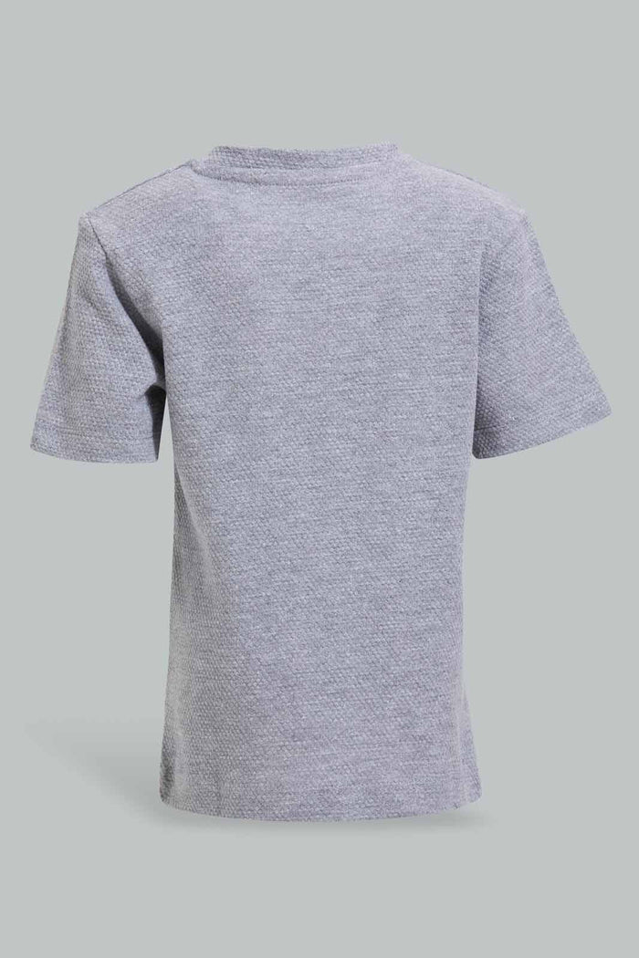 Redtag-Grey-Melange-Short-Sleeve-Henley-Jacuard-Tshirt-Henley-T-Shirts-Infant-Boys-3 to 24 Months