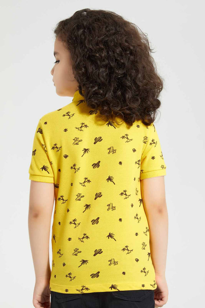 Redtag-Yellow-Cactus-Print-Collar-Stand-Polo-Polo-Shirts-Boys-2 to 8 Years