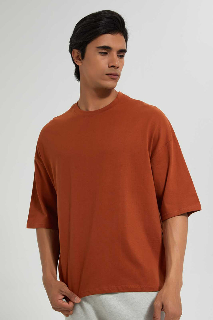 Redtag-Rust-Solid-T-Shirt-With-Scoop-Heim-Plain-Men's-