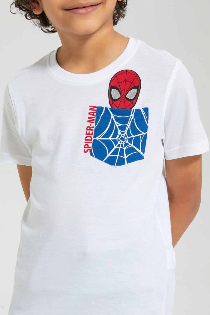 Redtag-White-Spiderman-Pocket-T-Shirt-Character-T-Shirts-Boys-2 to 8 Years