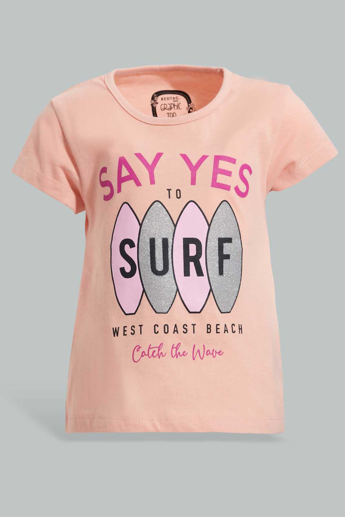 Redtag-Coral-Surf-Board-Placement-Print-T-Shirt-Graphic-T-Shirts-Infant-Girls-3 to 24 Months