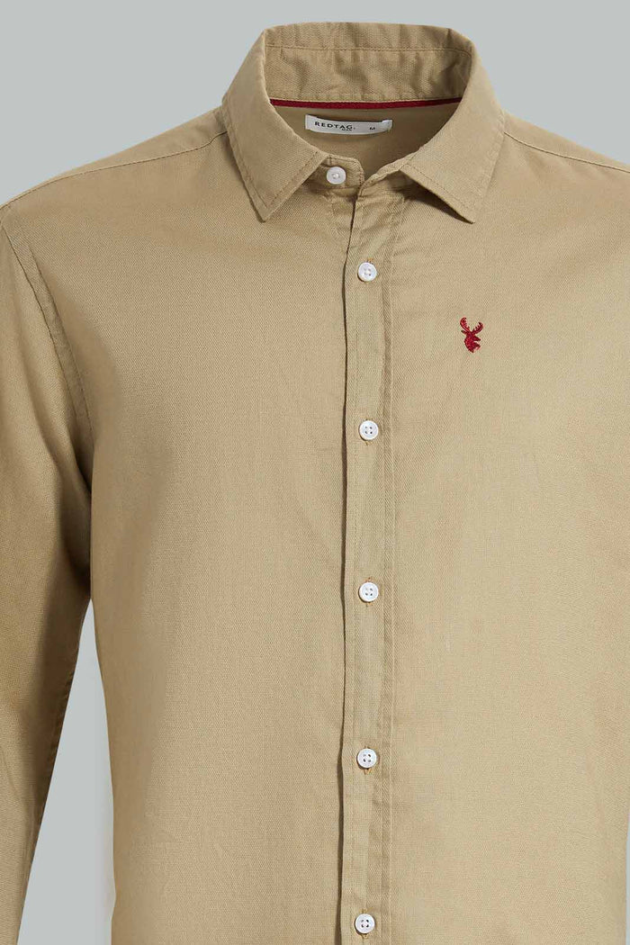 Redtag-Beige-Dobby-Shirt-With-Emb-Logo-Casual-Shirts-Men's-