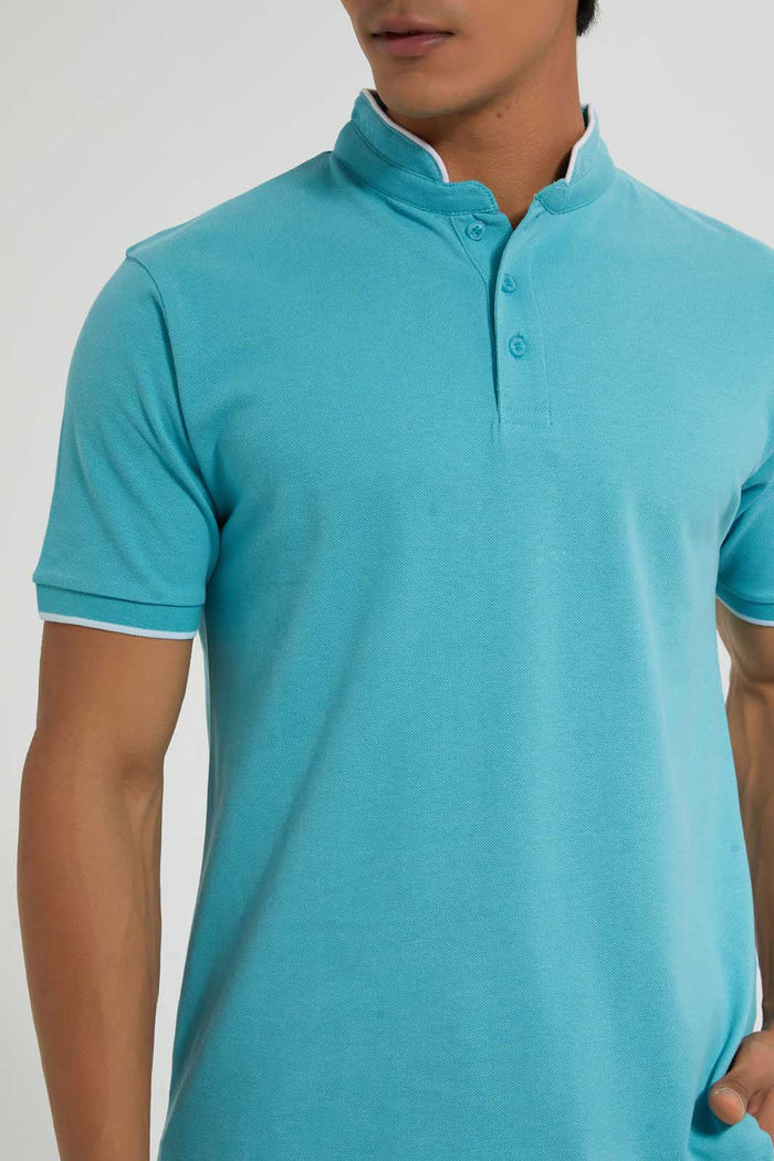 Redtag-Sage-Green-Standup-Collar-Polo-Shirt-Polo-Shirts-Men's-