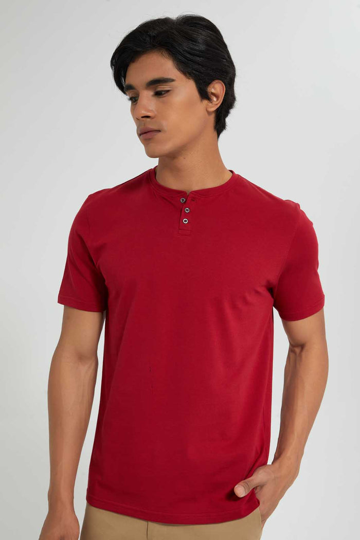 Redtag-Red-Henley-T-Shirt-Plain-Men's-