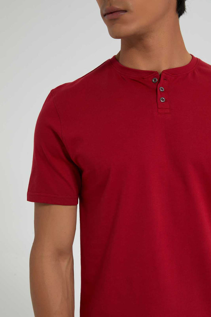 Redtag-Red-Henley-T-Shirt-Plain-Men's-