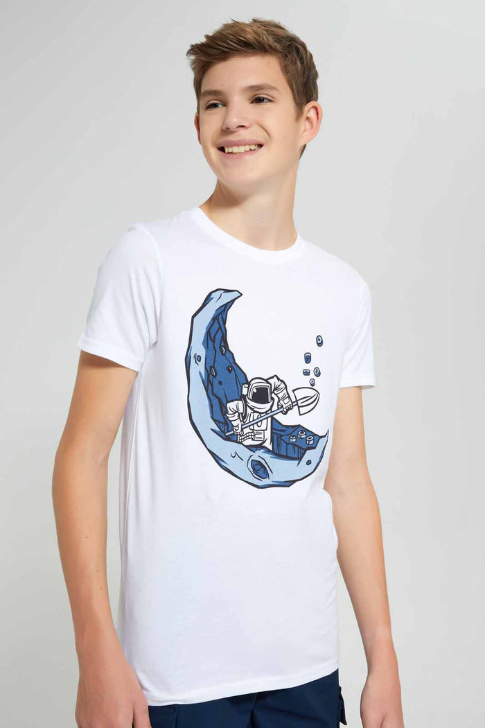 Redtag-White-Moon-Digging-T-Shirt-Graphic-T-Shirts-Senior-Boys-9 to 14 Years