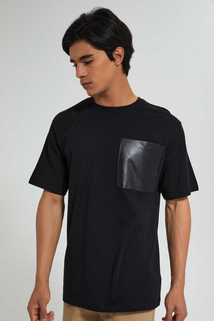 Redtag-Black-Oversize-T-Shirt-With-Pu-Pocket-Graphic-Prints-Men's-