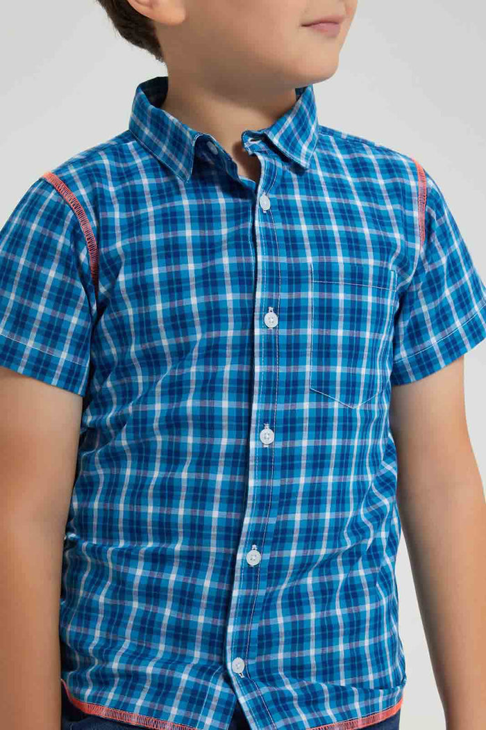 Redtag-Blue-Check-Ss-Shirt-Casual-Shirts-Boys-2 to 8 Years