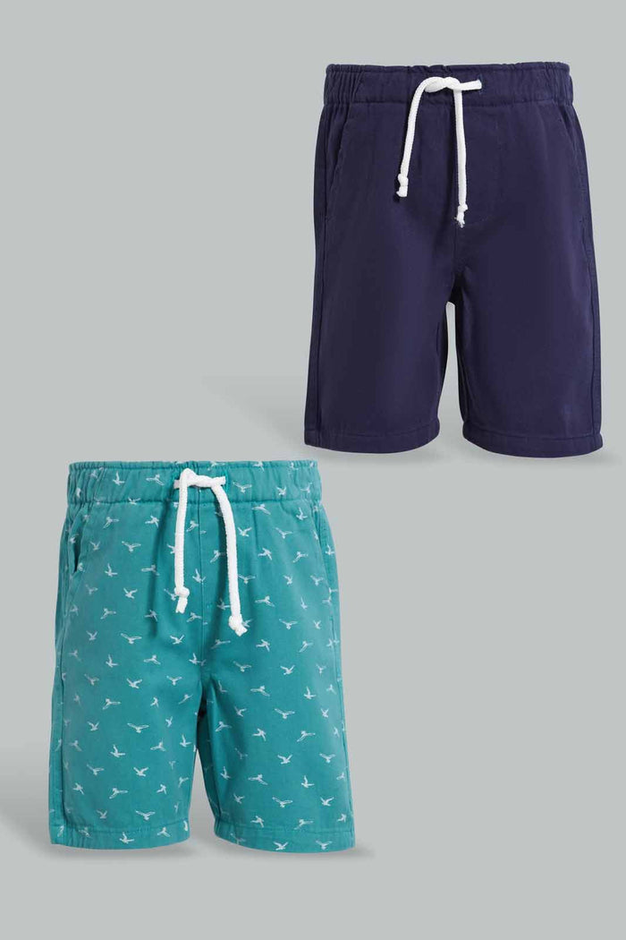 Redtag-Navy-And-Teal-Printed-Trouser-Short-2Pack-Chino-Shorts-Infant-Boys-3 to 24 Months