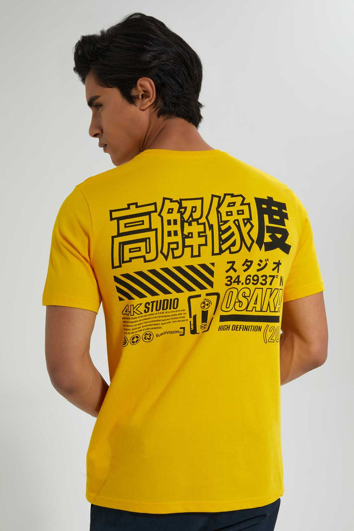 Redtag-Yellow-Graphic-Print-T-Shirt-@-Back-Graphic-Prints-Men's-