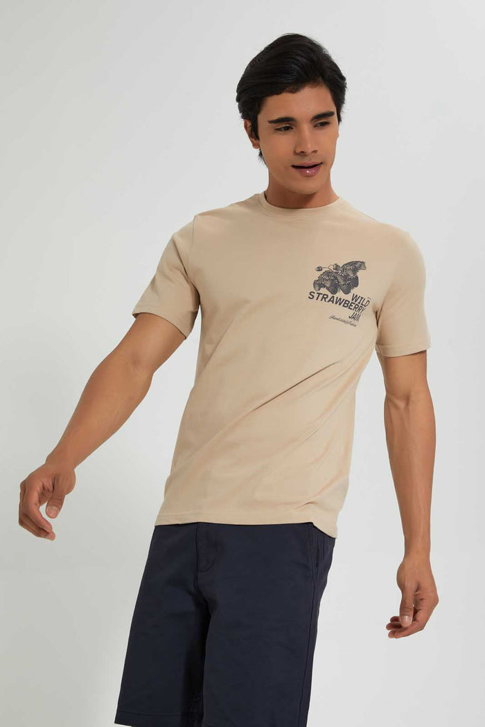 Redtag-Beige-Graphic-Print-T-Shirt-@-Back-Graphic-Prints-Men's-