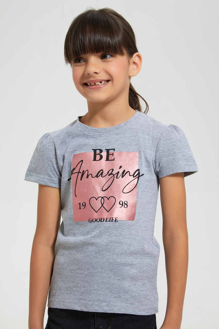 Redtag-Grey-Melange-Girls-Foil-Printed-T-Shirt-Graphic-T-Shirts-Girls-2 to 8 Years