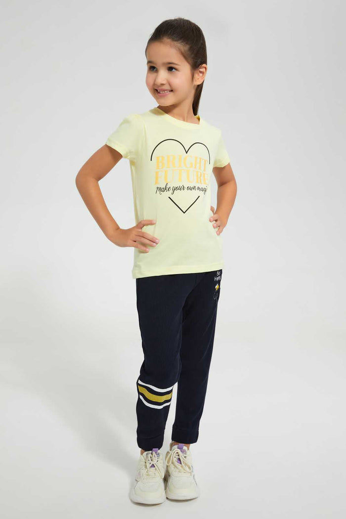 Redtag-Yellow-Girls-Foil-Printed-T-Shirt-Graphic-T-Shirts-Girls-2 to 8 Years