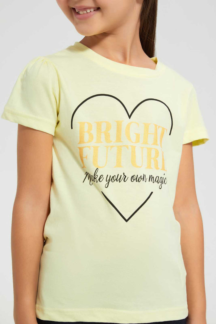 Redtag-Yellow-Girls-Foil-Printed-T-Shirt-Graphic-T-Shirts-Girls-2 to 8 Years