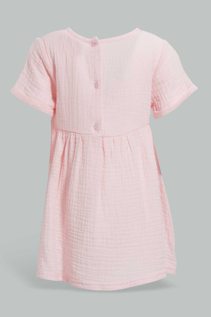 Redtag-Pink-Casual-Dress-With-Front-Bow-Dresses-Infant-Girls-3 to 24 Months