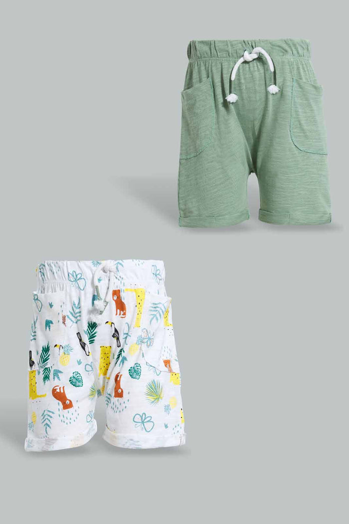 Redtag-Green-And-White-Printed-Jungle-Theme-Short-2-Pack-Active-Shorts-Infant-Boys-3 to 24 Months