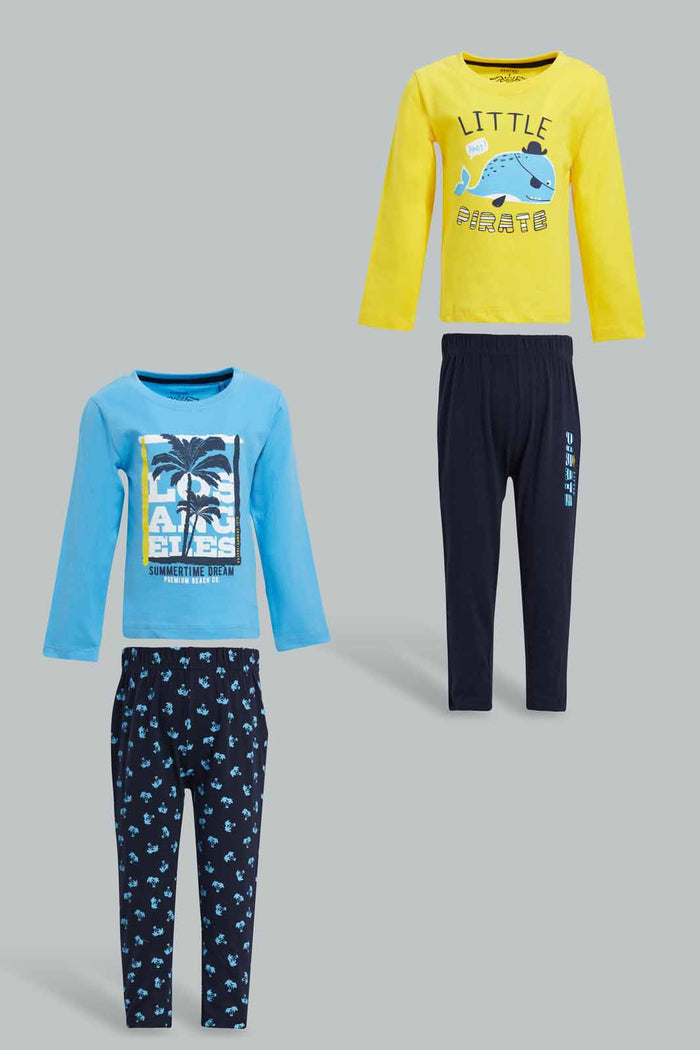 Redtag-Yellow-And-Blue-Beach-Theme-Pj-Set-Long(4-Pack)-Pyjama-Sets-Infant-Boys-3 to 24 Months