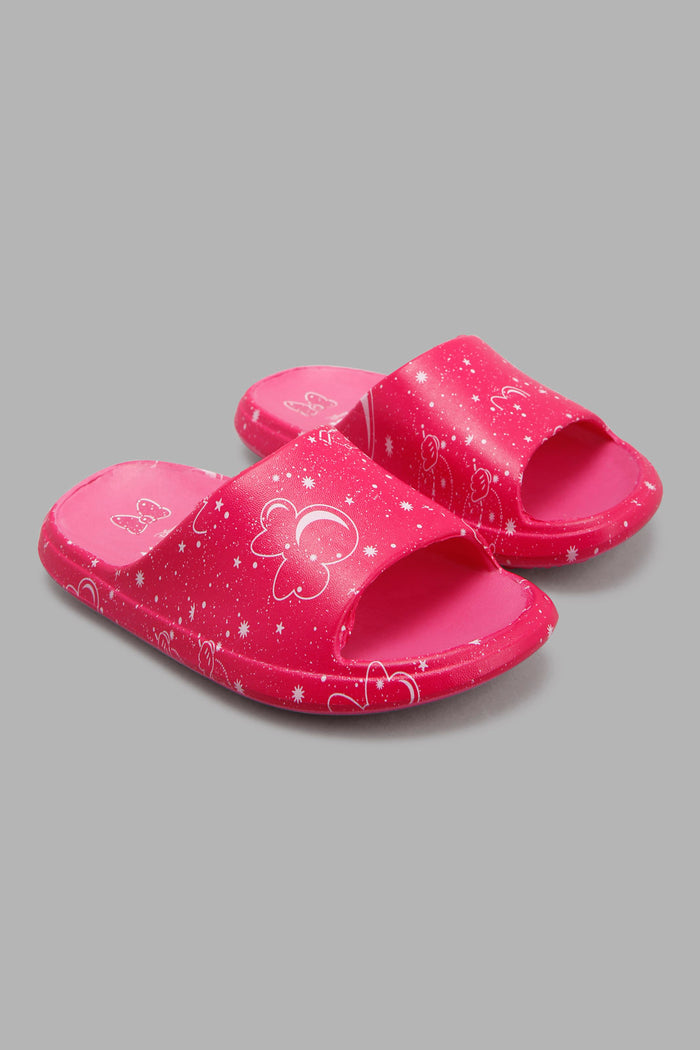 Redtag-Fuchsia-Minnie-Character-Print-Slide-Category:Flip-Flops,-CHR,-Colour:Fuchsia,-Filter:Girls-Footwear-(3-to-5-Yrs),-GIR-Flip-Flops,-New-In,-New-In-GIR-FOO,-Non-Sale,-Section:Girls-(0-to-14Yrs),-W22A-Girls-3 to 5 Years