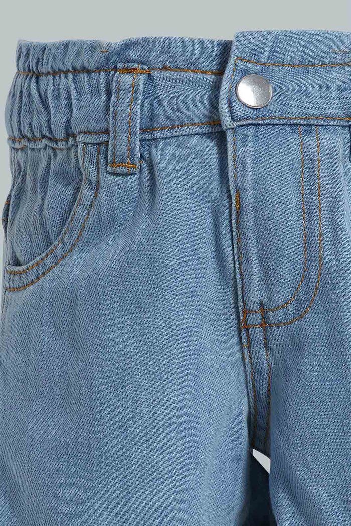 Redtag-Blue-Lite-Wash-Paperbag-Denim-Short-Denim-Shorts-Infant-Girls-3 to 24 Months