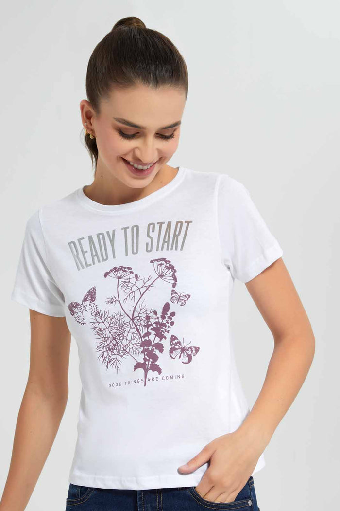 Redtag-White-Ready-To-Start-Print-T-Shirt-Category:T-Shirts,-Colour:White,-Filter:Women's-Clothing,-New-In,-New-In-Women,-Non-Sale,-S22D,-Section:Women,-TBL,-Women-T-Shirts-Women's-