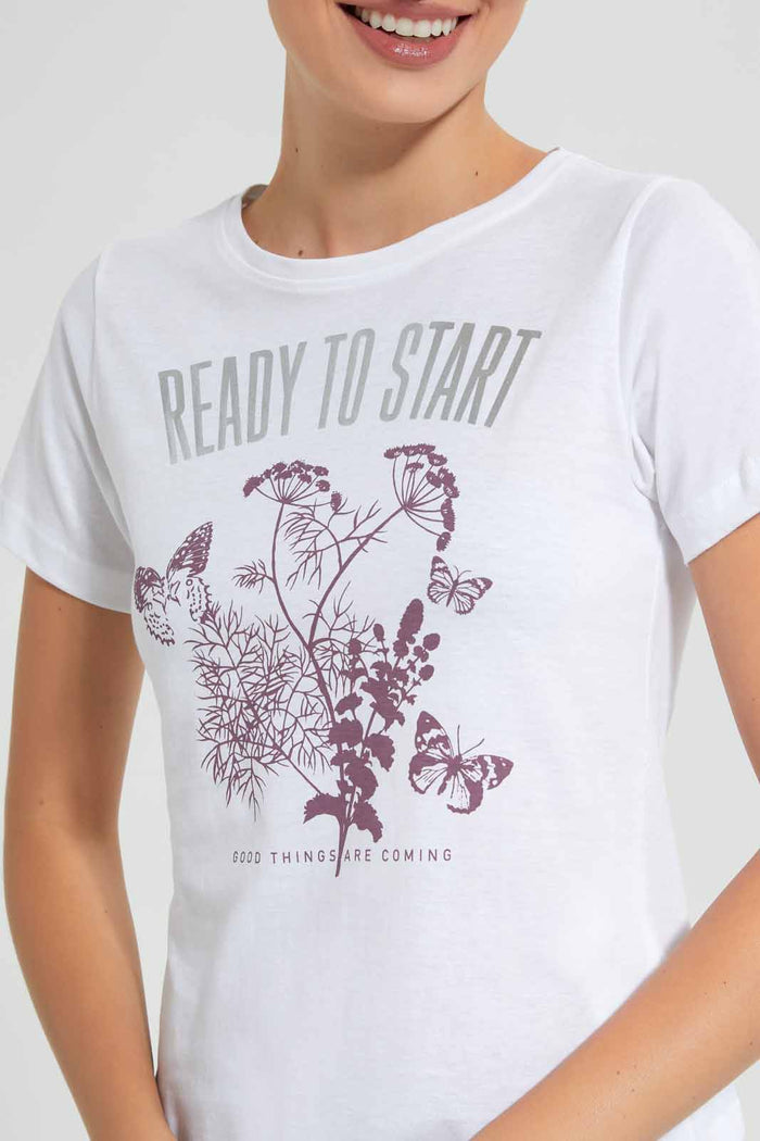 Redtag-White-Ready-To-Start-Print-T-Shirt-Category:T-Shirts,-Colour:White,-Filter:Women's-Clothing,-New-In,-New-In-Women,-Non-Sale,-S22D,-Section:Women,-TBL,-Women-T-Shirts-Women's-