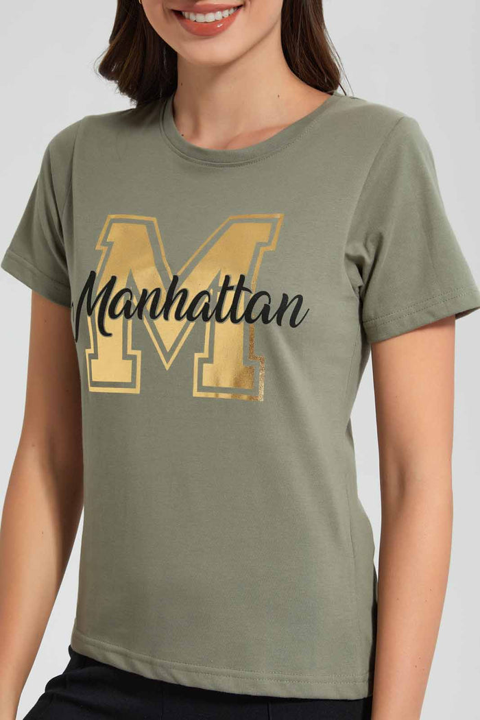 Redtag-Olive-Manhattan-Print-T-Shirt-Category:T-Shirts,-Colour:Dark-Green,-Filter:Women's-Clothing,-New-In,-New-In-Women,-Non-Sale,-S22D,-Section:Women,-TBL,-Women-T-Shirts-Women's-