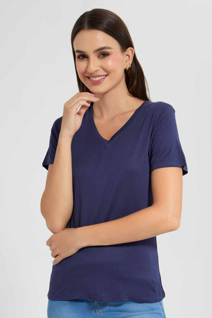 Redtag-Navy-V-Neck-T-Shirt-Category:T-Shirts,-Colour:Navy,-Filter:Women's-Clothing,-New-In,-New-In-Women,-Non-Sale,-S22D,-Section:Women,-TBL,-Women-T-Shirts-Women's-