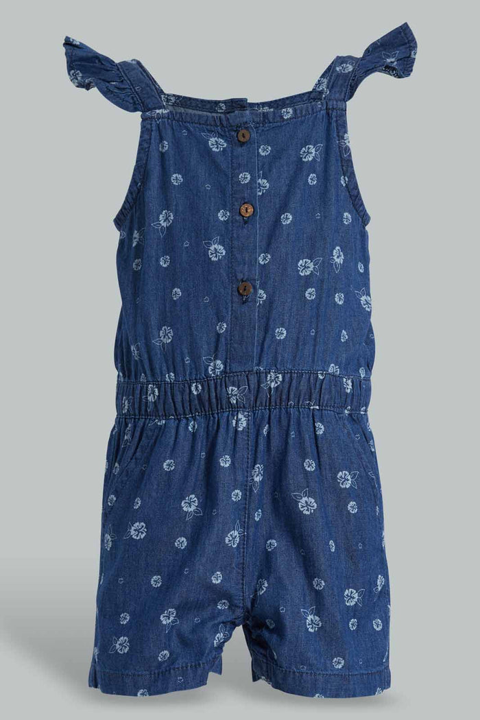 Redtag-Blue-Floral-Aop-Denim-Jumpsuit-Jumpsuits-Infant-Girls-3 to 24 Months